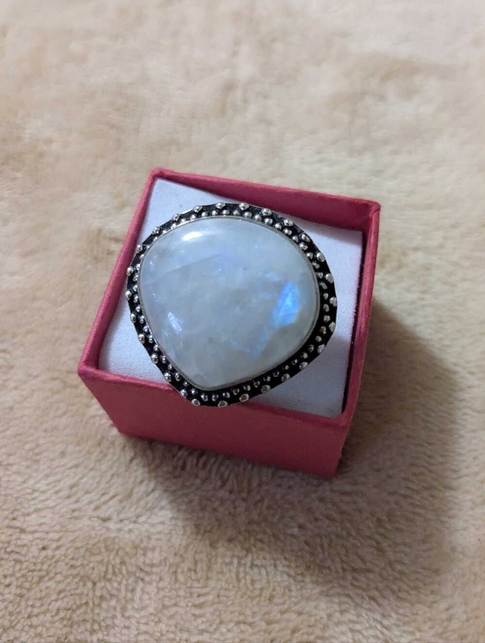 Rare Handcrafted Rainbow Moonstone With 'Blue Flash' Fat Teardrop Ring - Picture 2 of 14